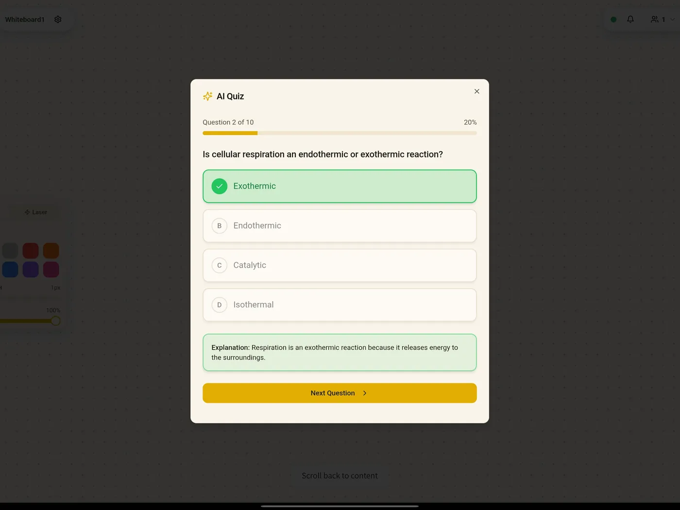 An AI-generated revision quiz in T-Board showing a science question with instant feedback and an explanation