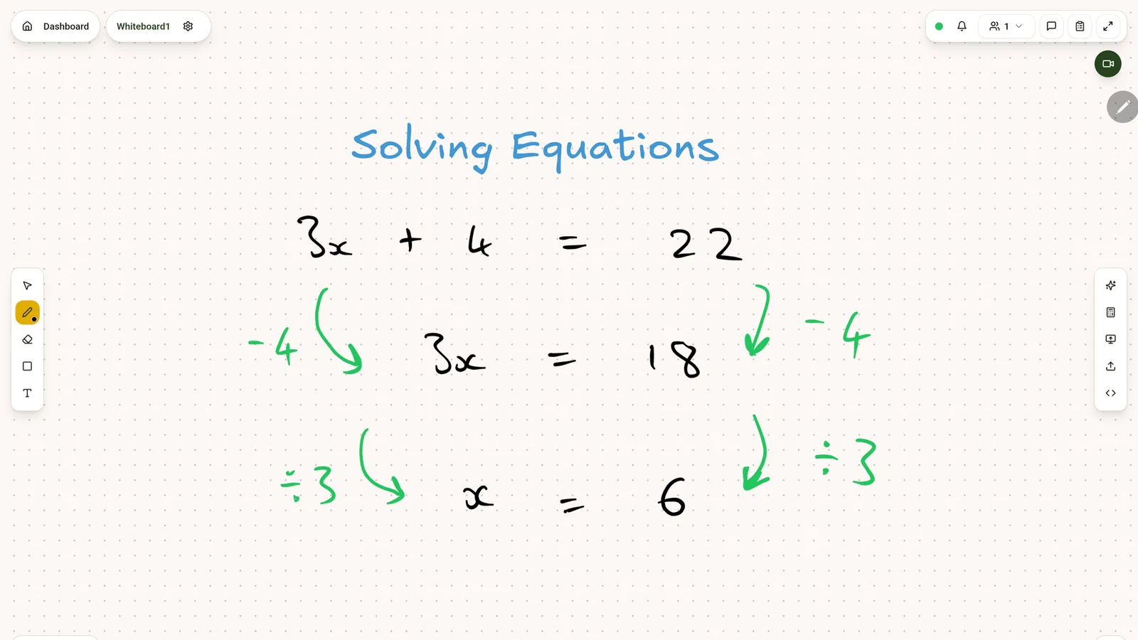 A T-Board whiteboard mid-lesson, solving 3x + 4 = 22 step by step, with the drawing tools on the left and the video button at top right